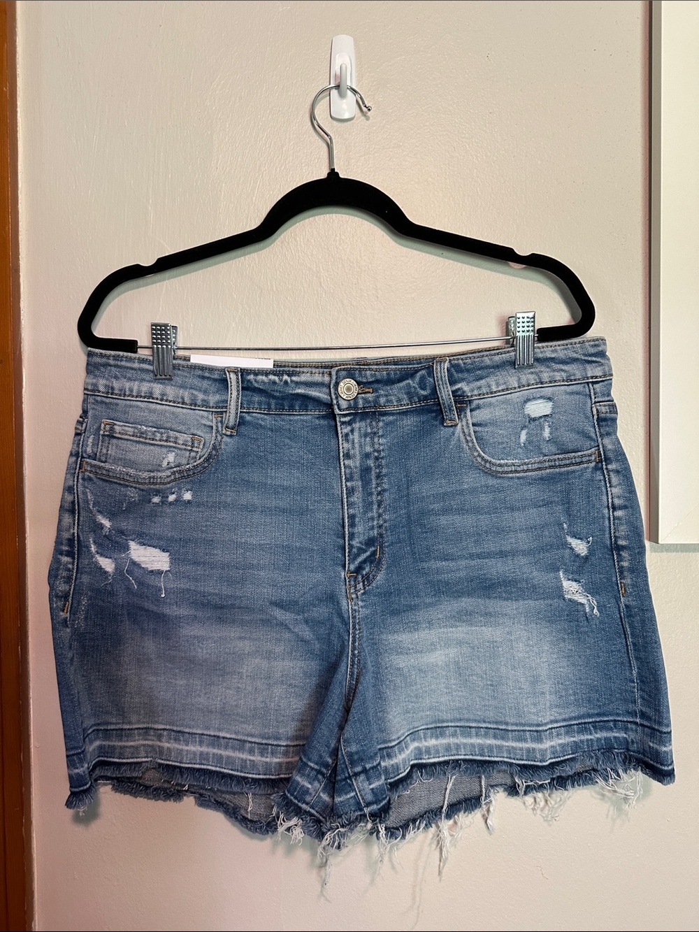 Distressed Light Blue Denim Jean Shorts with Frayed Hem